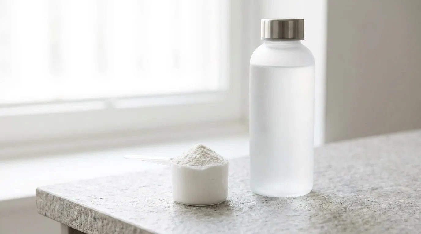Portion Kreatinpulver neben einem Wasser-Shaker