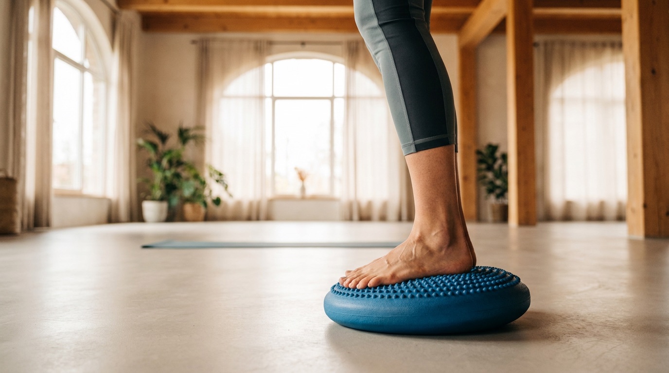 Balanceübung für das Sprunggelenk auf einem Balancekissen