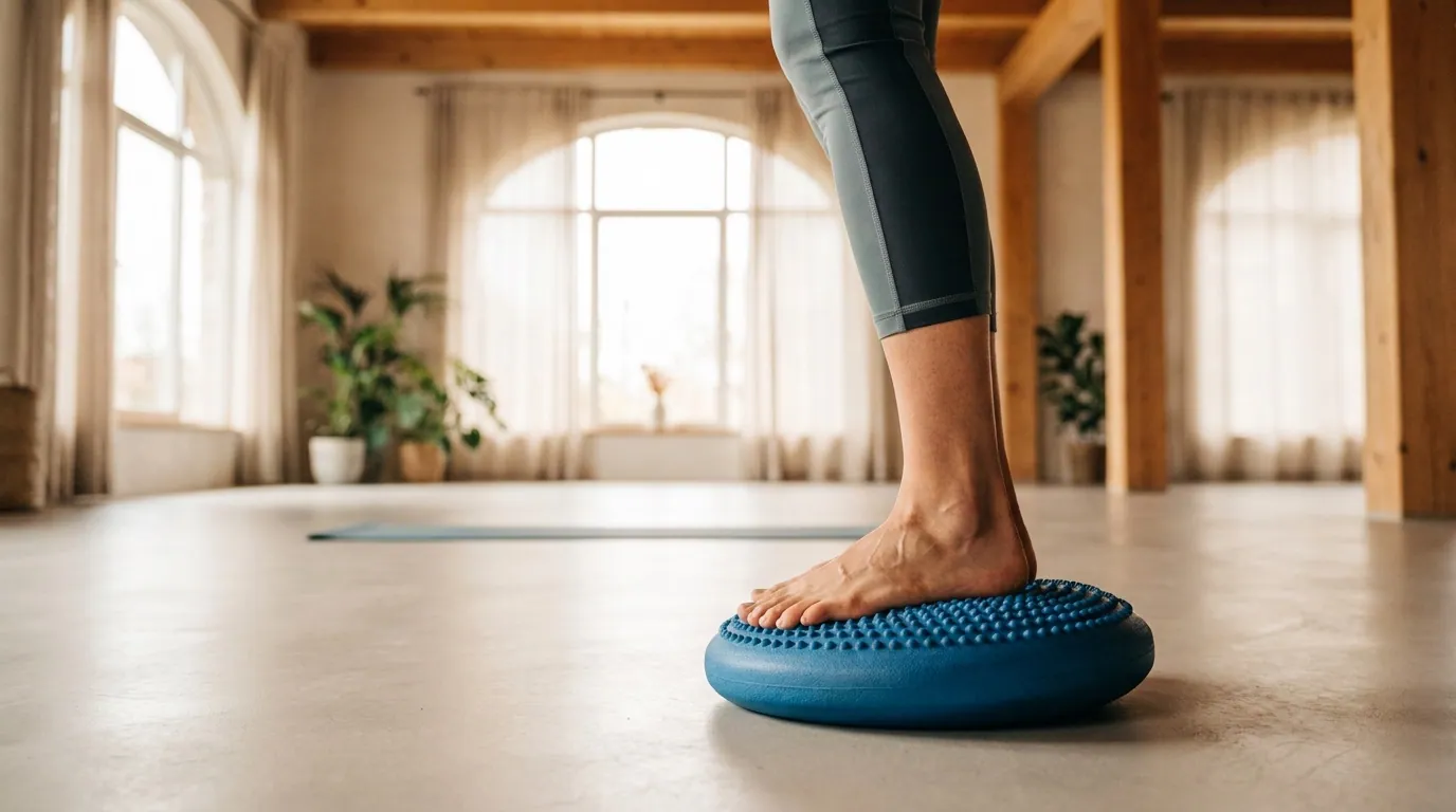 Balanceübung für das Sprunggelenk auf einem Balancekissen